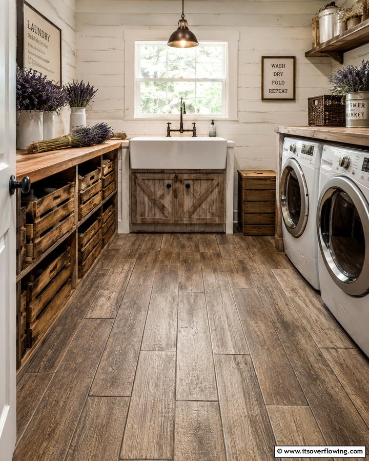 Rustic Wood Look Tiles for a Cozy Feel - 25 Laundry Room Floor Ideas for a Functional Space