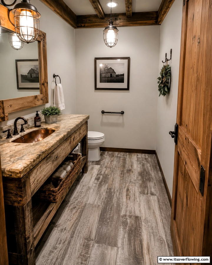 Rustic Wood Look Tiles - 30 Powder Room Floor Tile Ideas for Elegant Small Spaces