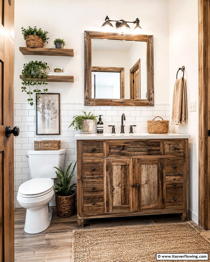 Rustic Wood Vanity Accents - 30 Small Bathroom Vanity Ideas for Space-Saving Style