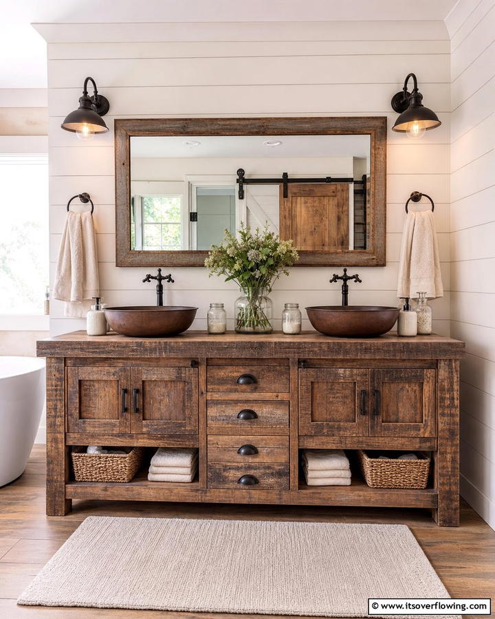 Rustic Wood Vanity - 21 Country Bathroom Ideas with Vintage Farmhouse Charm