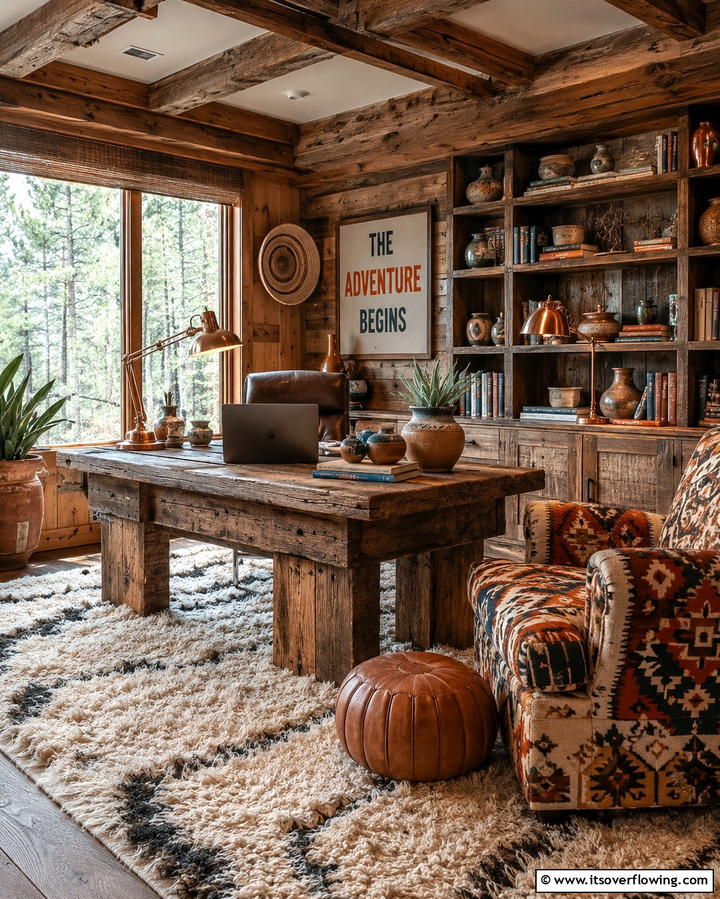 Rustic Wood and Boho Charm Study - 30 Bohemian Home Office Ideas for Eclectic Workspace Vibes