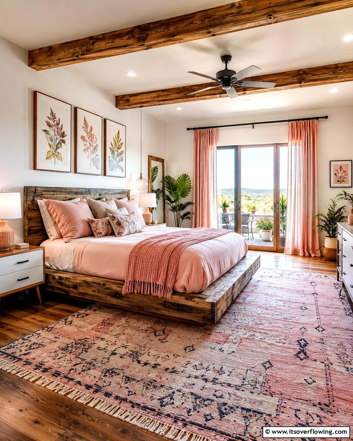 Rustic Wood and Modern Fusion - 30 Pink Boho Bedroom Ideas for a Chic and Cozy Retreat