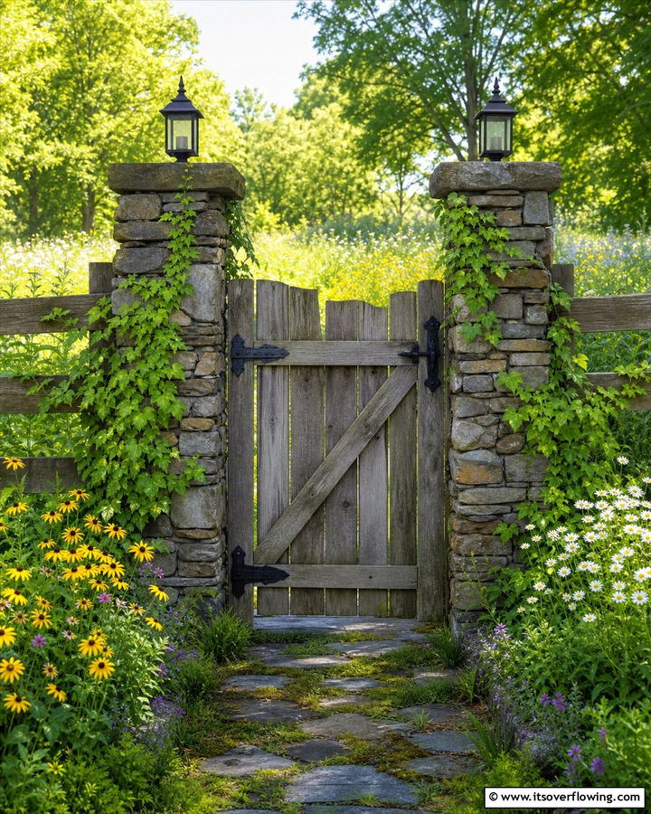 Rustic Wood and Stone Blend - 30 Garden Gate Ideas- Charming Entrances & DIY Projects