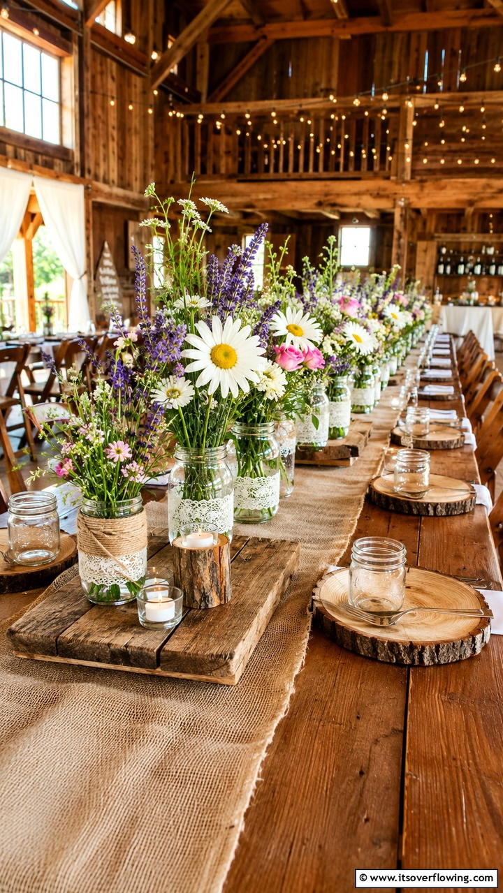 Rustic Wood and Wildflowers - 21 Stunning Wedding Centerpiece Ideas for Table Decor