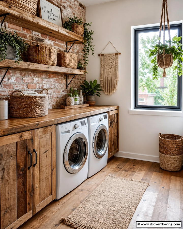 Rustic Wooden Accents - 25 Boho Laundry Room Ideas for a Stylish and Functional Space
