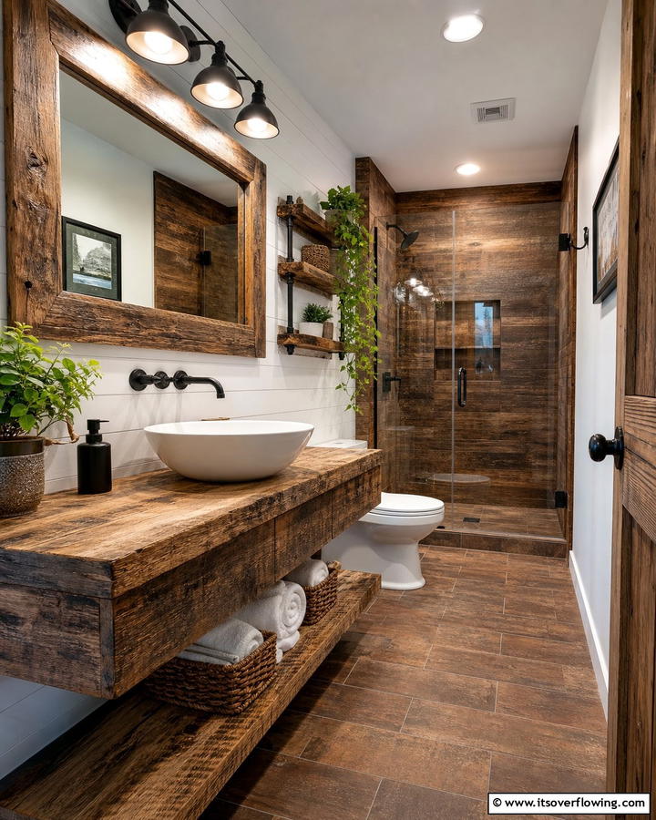 Rustic Wooden Accents - 25 Brown Bathroom Ideas for a Warm and Inviting Space