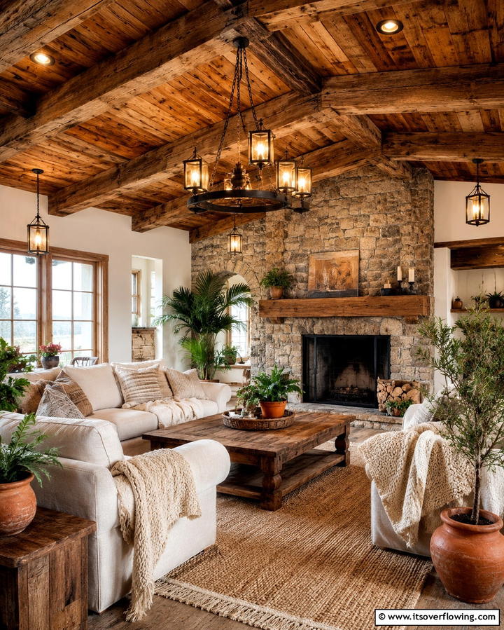 Rustic Wooden Accents - 30 Living Room Ceiling Lighting Ideas- Elevate Your Space