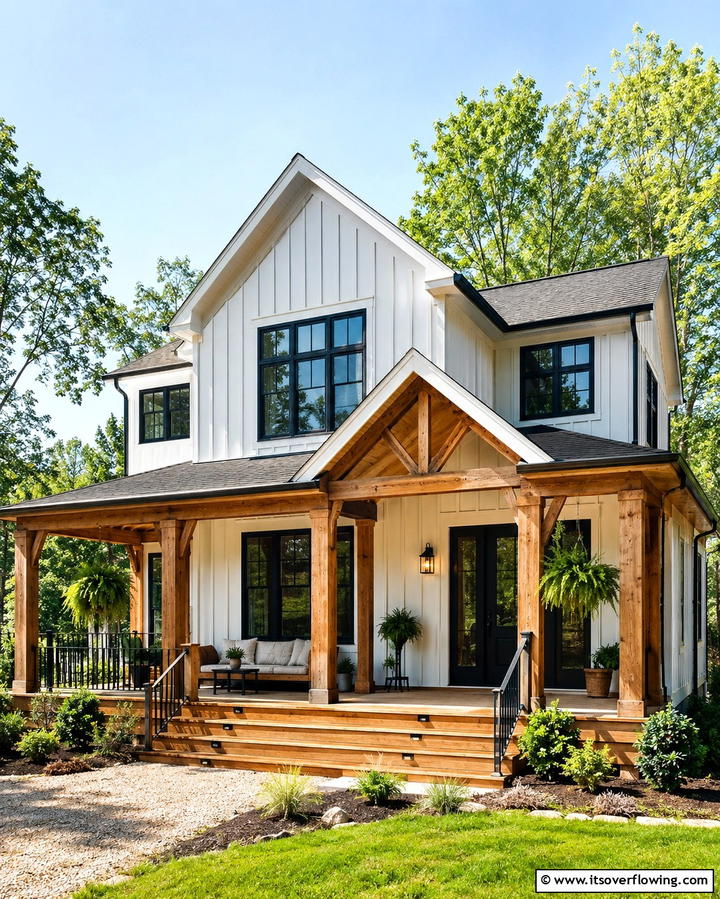 Rustic Wooden Accents with Black Windows - 25 White Farmhouse with Black Windows Ideas