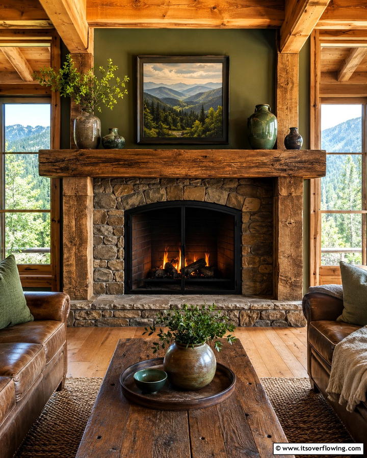 Rustic Wooden Beam Mantel Fireplace with Windows - 25 Fireplace Between Windows Ideas for Cozy Homes