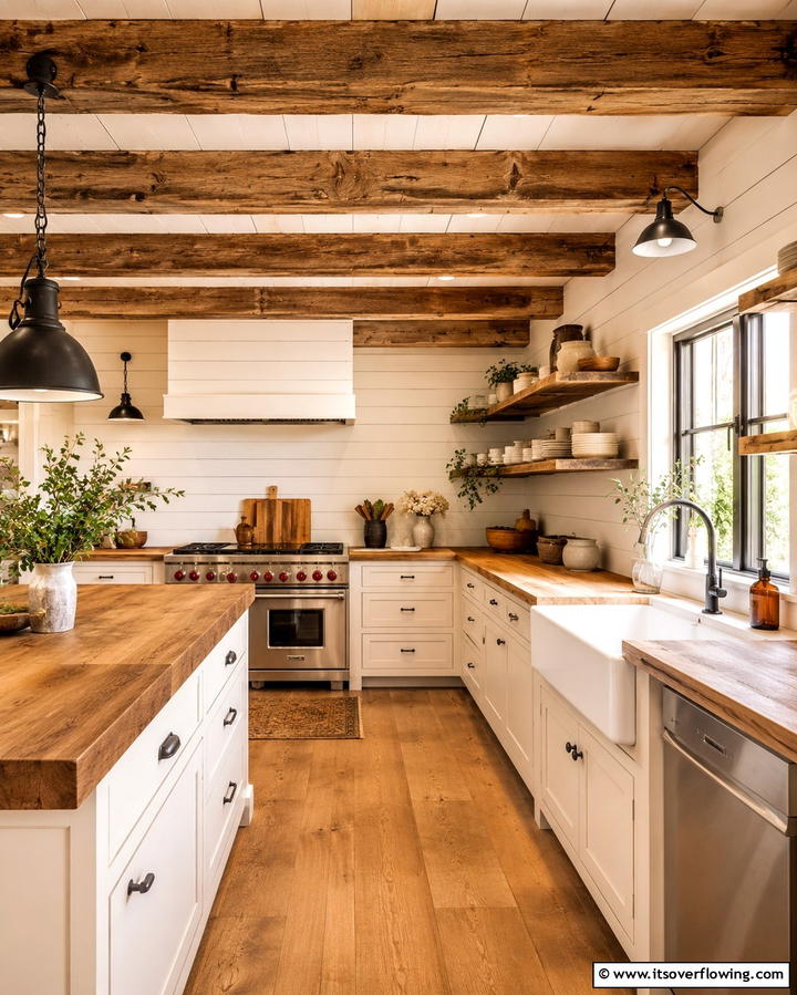 Rustic Wooden Beams for a Farmhouse Charm - 20 Wood Ceiling Kitchen Ideas for a Warm and Inviting Atmosphere