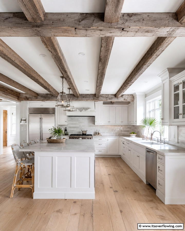 Rustic Wooden BeamsOne - 30 Charming White Farmhouse Kitchen Inspirations