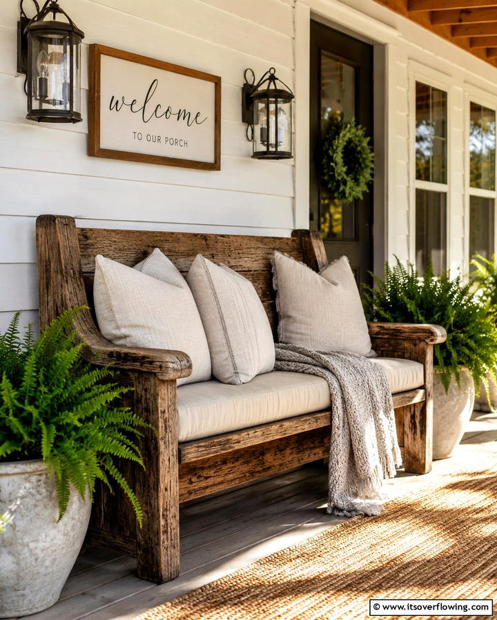 Rustic Wooden Bench Charm - 25 Front Porch Bench Ideas for a Welcoming Entrance