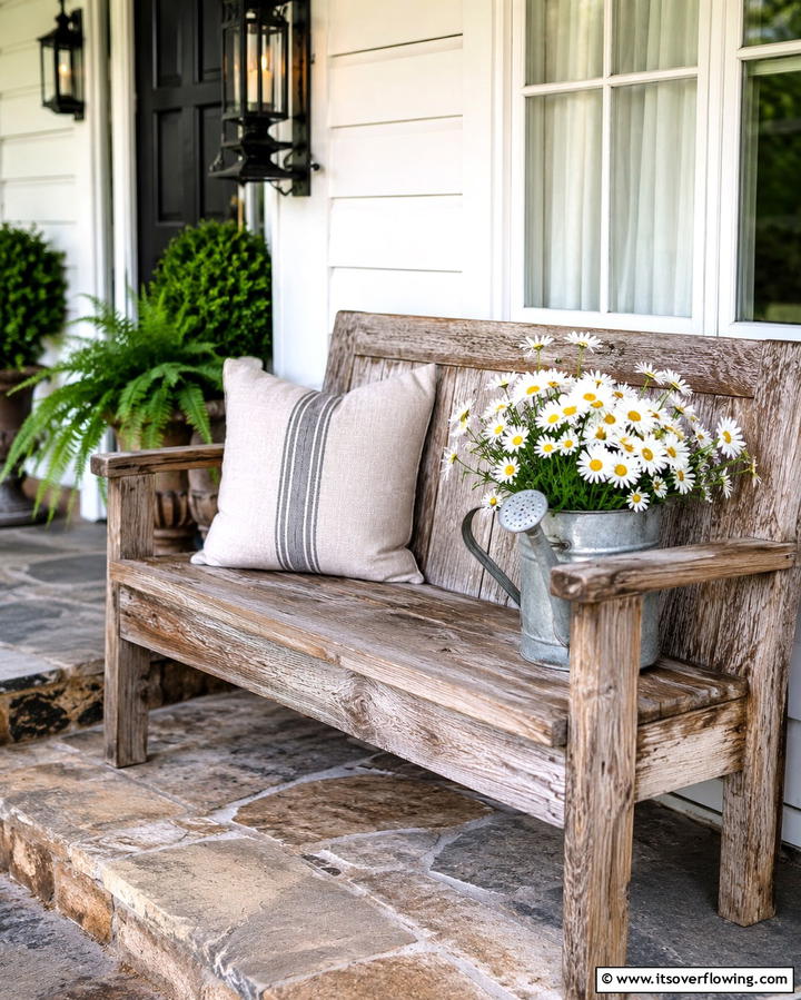 Rustic Wooden Bench - 25 Farmhouse Porch Ideas for a Cozy Outdoor Retreat