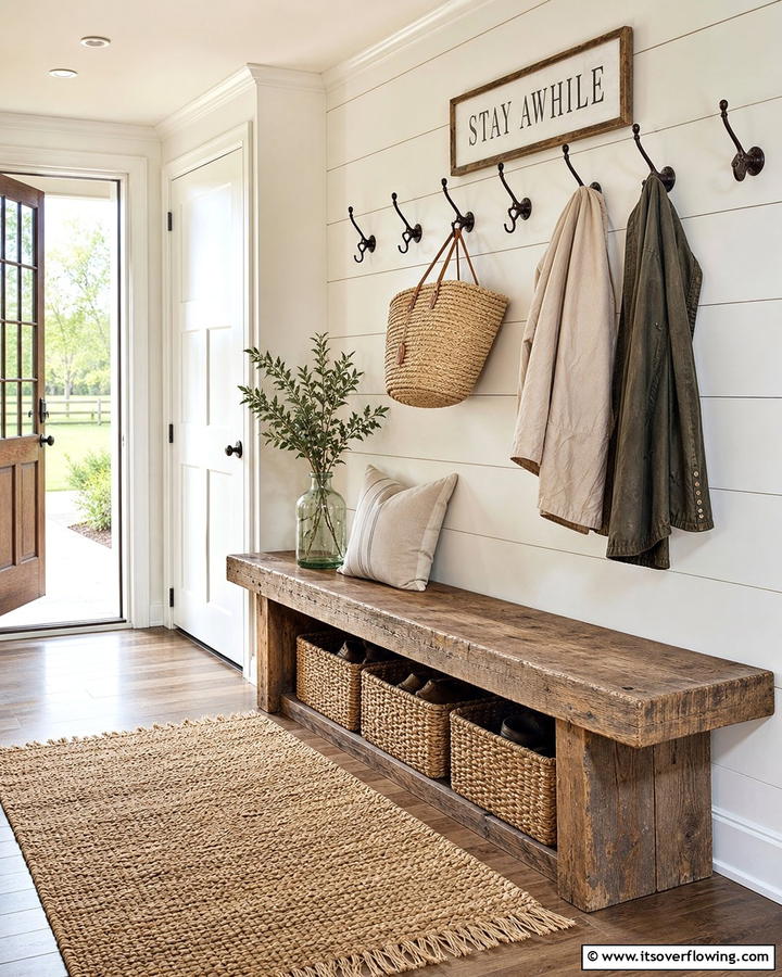 Rustic Wooden Benches for Practical Seating - 20 Farmhouse Mudroom Ideas for a Rustic Entryway
