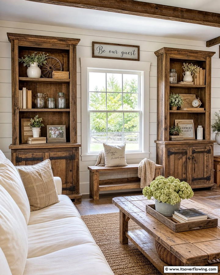 Rustic Wooden Bookcases with a Farmhouse Window - 20 Bookcases Around Window Design Ideas- Functional Decor