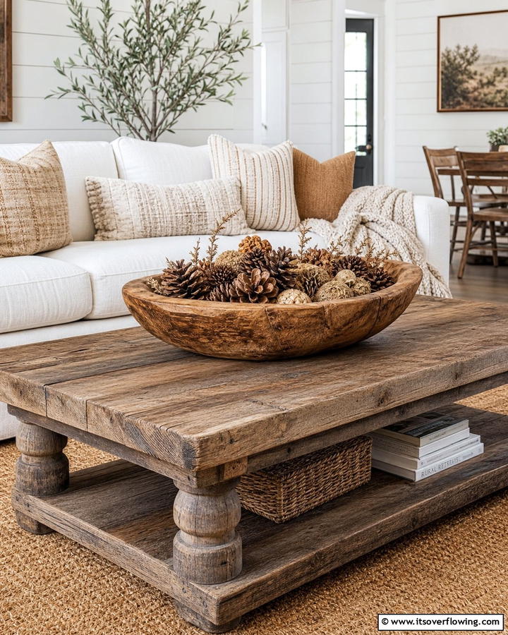 Rustic Wooden Bowl - 20 Coffee Table Centerpiece Ideas for Stylish Living Rooms