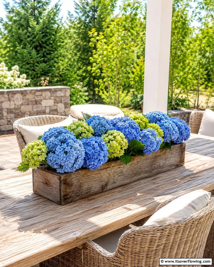 Rustic Wooden Box Hydrangea Display - 25 Hydrangea Centerpiece Ideas for Elegance