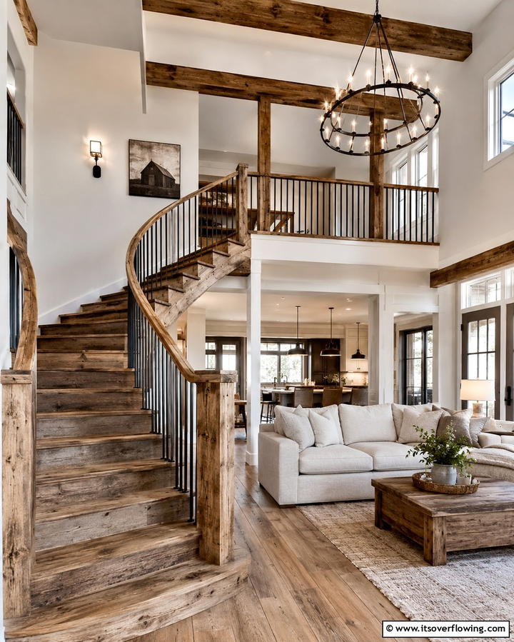 Rustic Wooden Charm - 30 Elegant Curved Staircase Designs to Elevate Your Home’s Style
