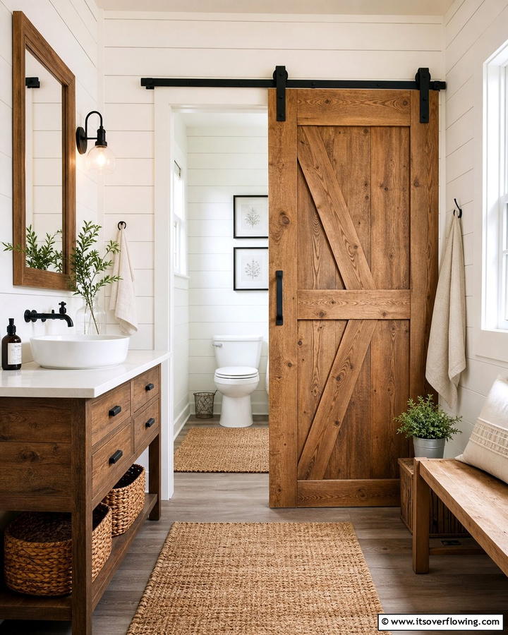 Rustic Wooden Charm - 20 Bathroom Barn Door Ideas for Space Saving