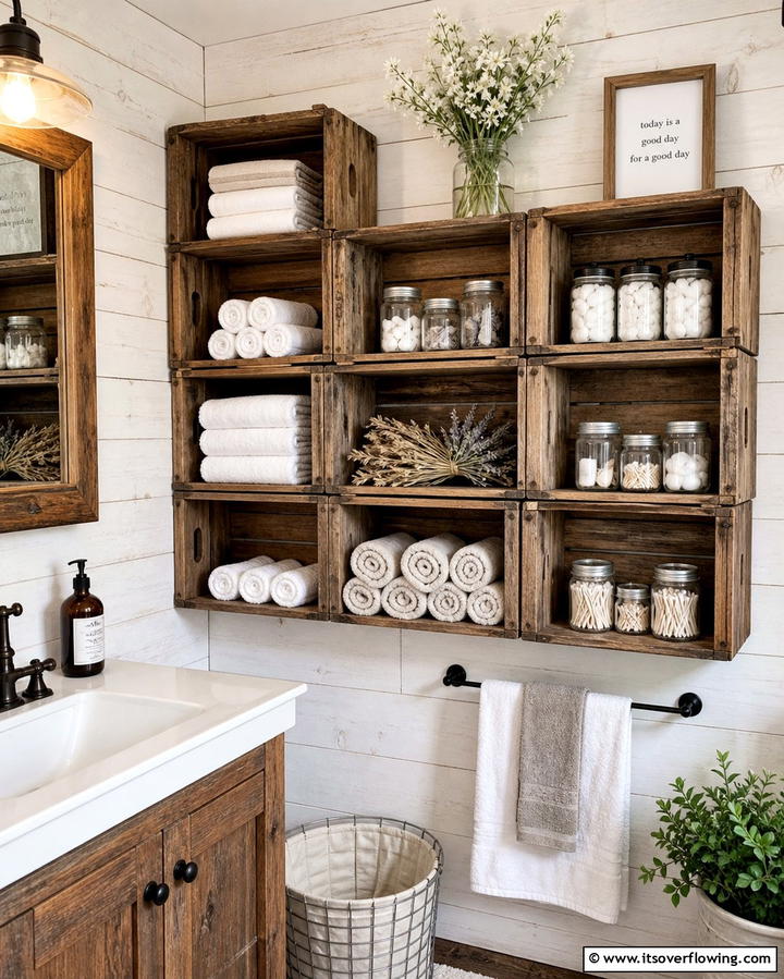 Rustic Wooden Crates - 25 Bathroom Shelf Ideas for Organized and Stylish Storage