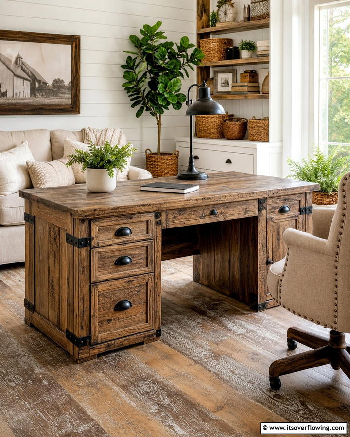 Rustic Wooden Desk - 25 Desk in Living Room Ideas for Functional Spaces