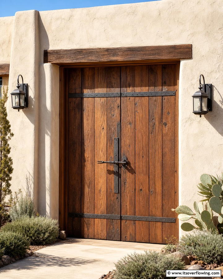 Rustic Wooden Doors with Iron Accents - 25 Mediterranean Front Door Ideas for a Warm Welcome