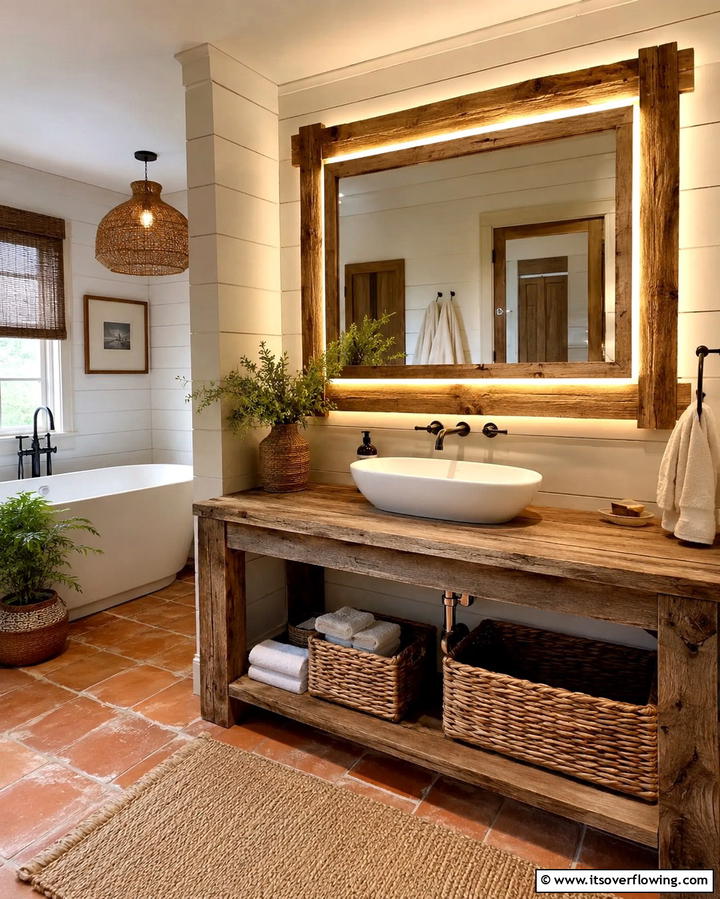 Rustic Wooden Frames with Lights - 25 Bathroom Lighting Ideas Over Mirror for Perfect Illumination