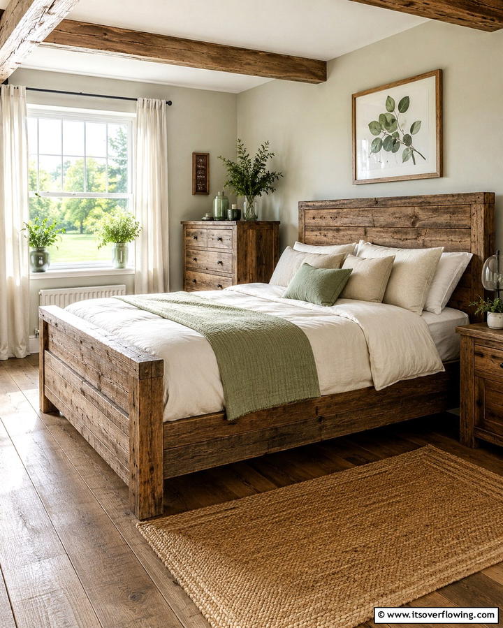 Rustic Wooden Furniture with Green and Beige Accents - 25 Serene Green and Beige Bedroom Design Ideas