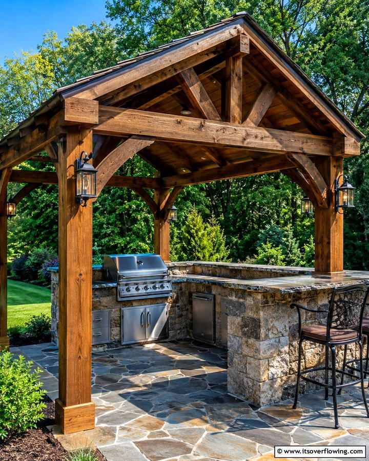 Rustic Wooden Gazebo with Stone Countertops - 30 Outdoor Kitchen with Gazebo Ideas for All-Weather Cooking