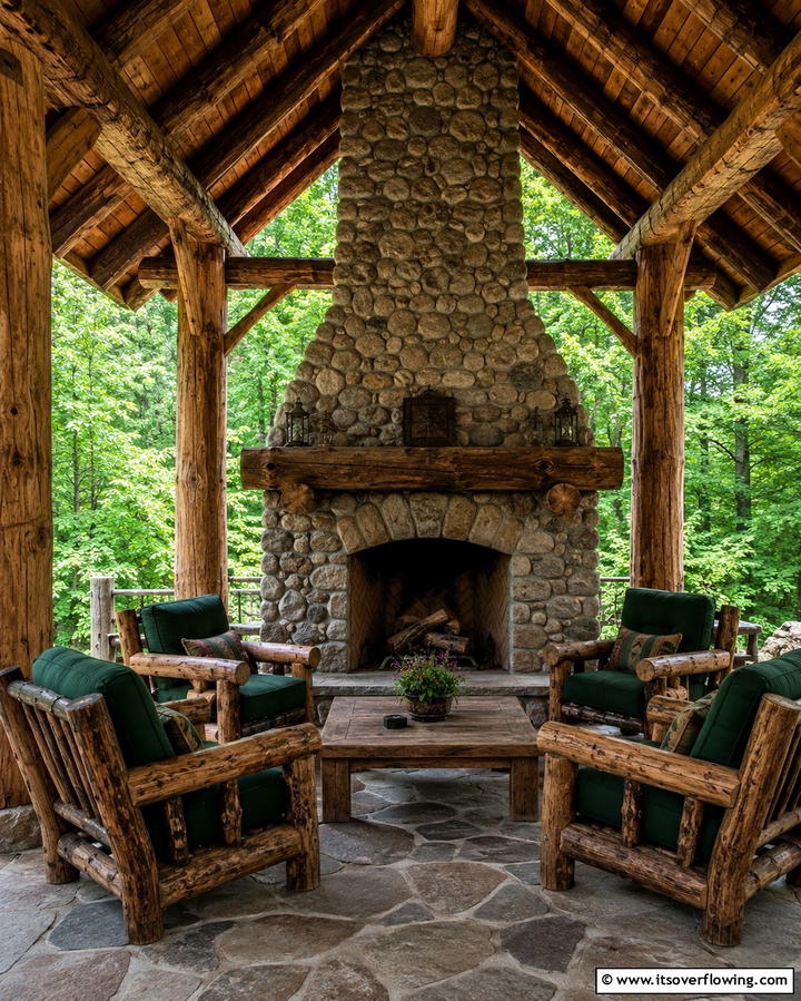 Rustic Wooden Gazebo with Stone Fireplace - 25 Gazebo With Fireplace Ideas for Cozy Outdoor Nights