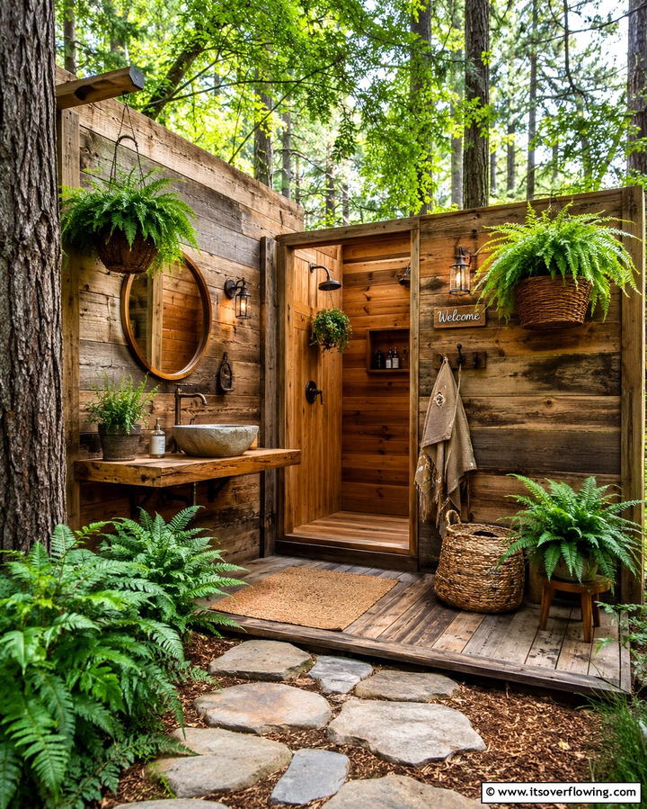 Rustic Wooden Haven - 30 Outdoor Bathroom Ideas for a Luxurious Backyard Oasis