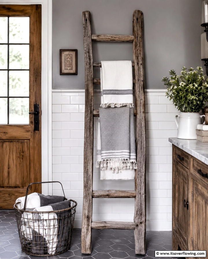 Rustic Wooden Ladder Display - 25 Towel Display Ideas to Organize Your Bathroom