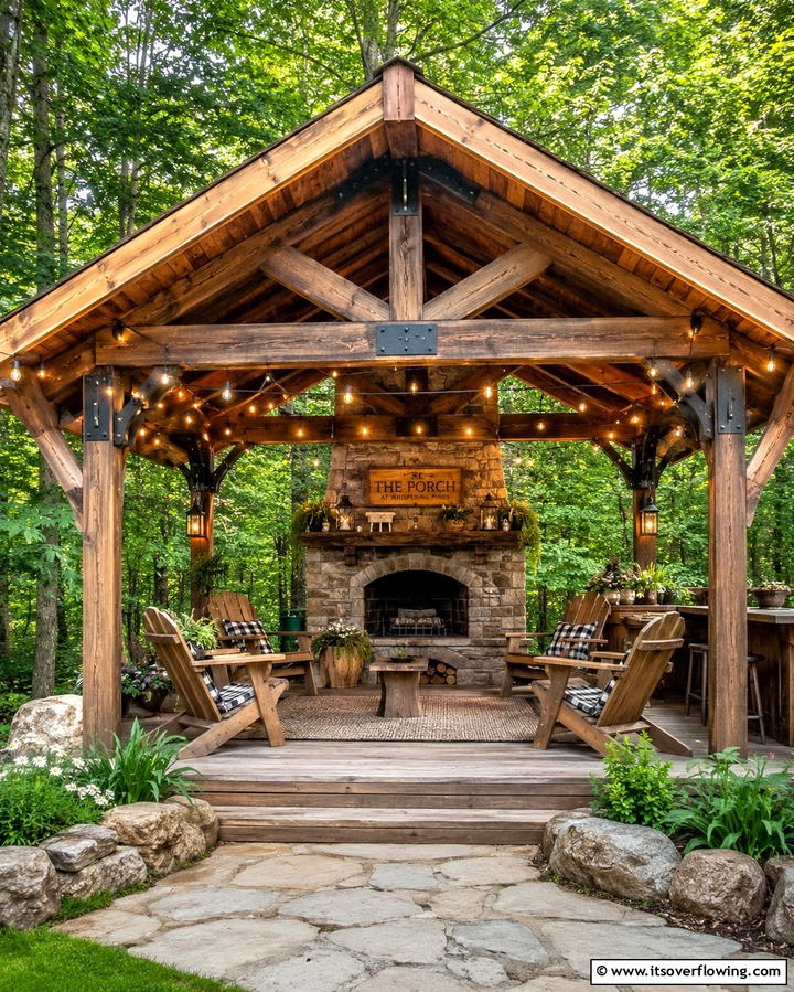 Rustic Wooden Pavilion with Stone Fireplace - 25 Backyard Pavilion With Fireplace Ideas for Cozy Nights