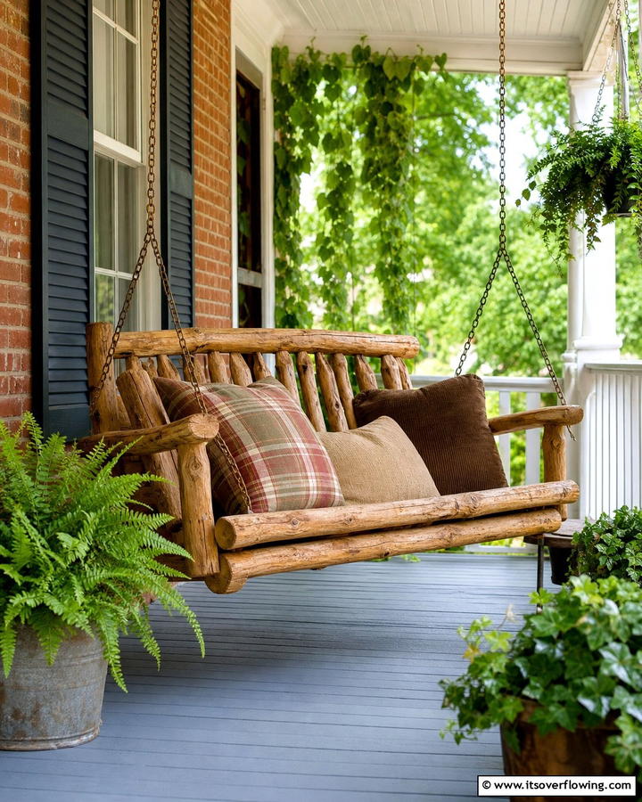 Rustic Wooden Porch Swing - 20 Front Porch Swing Ideas for a Cozy and Inviting Entrance