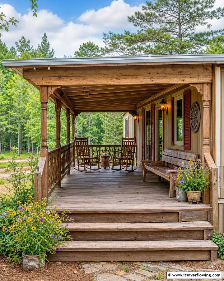 Rustic Wooden Porch for Natural Appeal - 20 Mobile Home Porch Ideas to Boost Curb Appeal