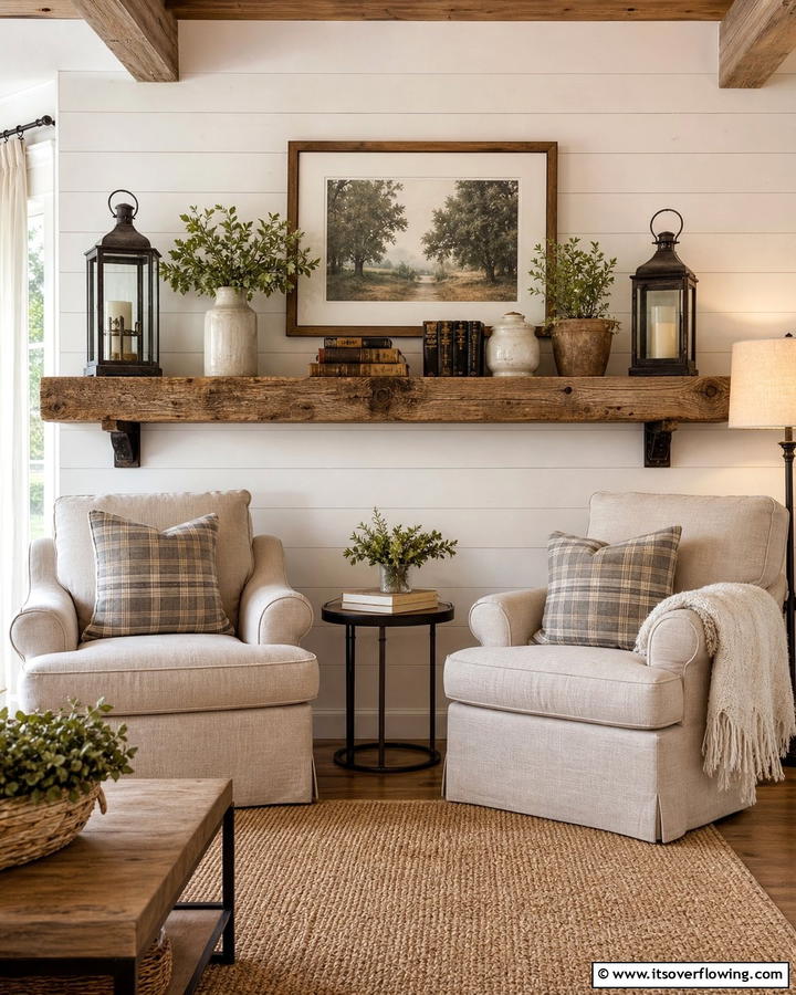 Rustic Wooden Shelf with Accents - 21 Farmhouse Wall Decor Ideas for Rustic Charm and Warmth