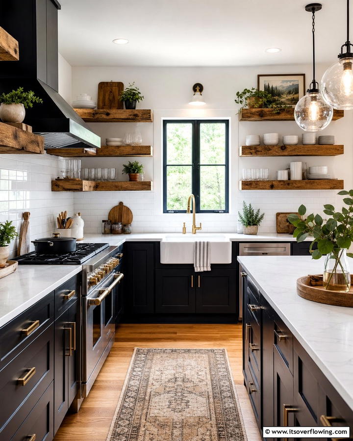 Rustic Wooden Shelves - 25 Black and Brown Kitchen Ideas for a Bold Look