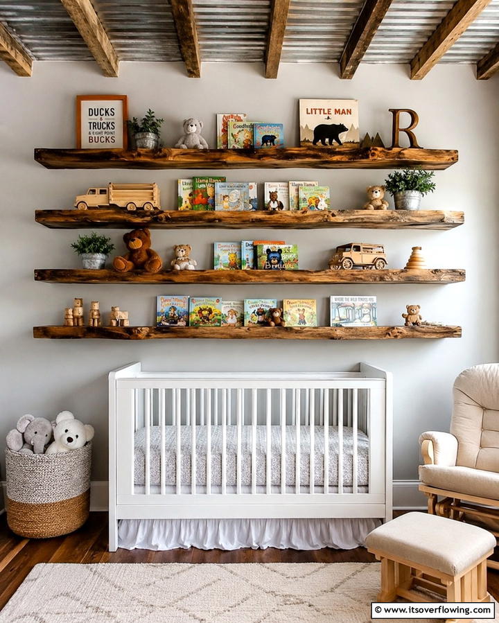 Rustic Wooden Shelves - 25 Rustic Nursery Ideas for a Cozy Baby Room