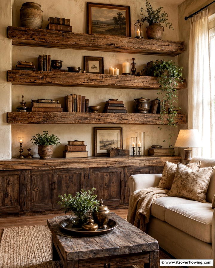 Rustic Wooden Shelves for a Cozy Atmosphere - 30 Living Room Shelf Ideas for Stylish Storage Solutions