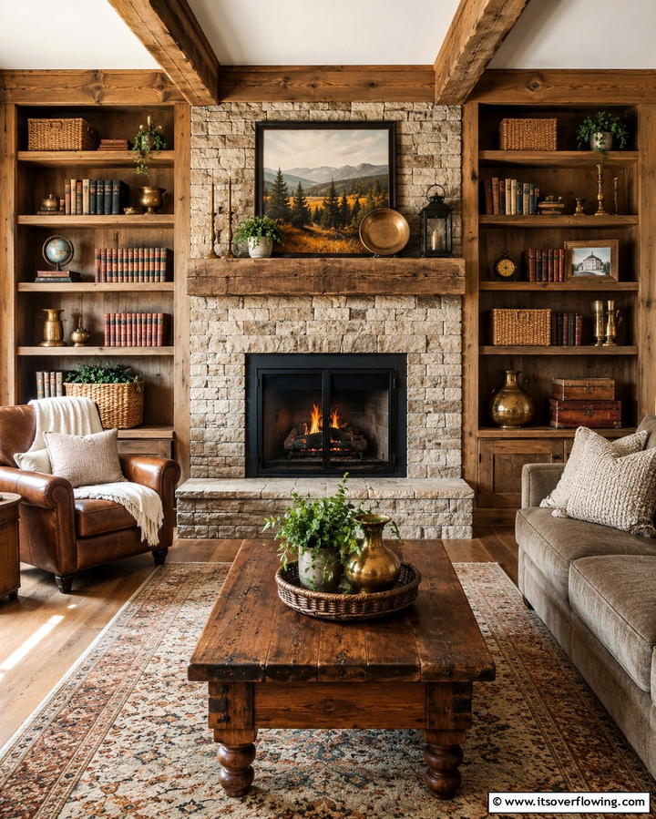 Rustic Wooden Shelves for a Cozy Feel - 30 Fireplace with Bookshelves Ideas for Cozy Literary Nooks