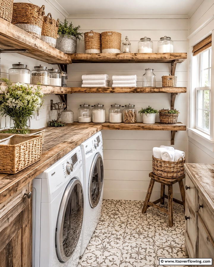 Rustic Wooden Shelves - 20 Vintage Laundry Room Decor Ideas for a Retro Look