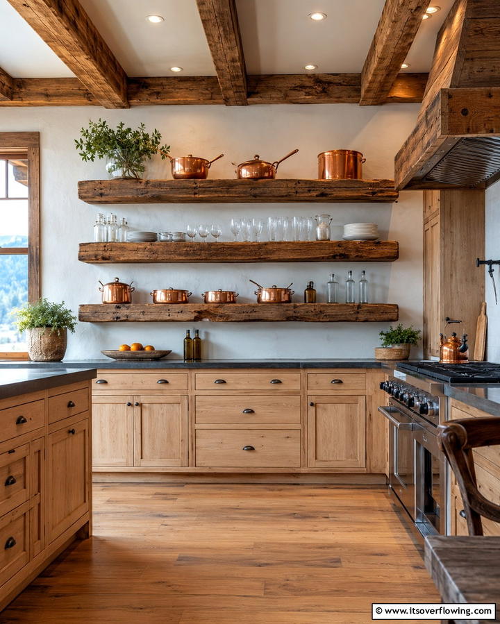 Rustic Wooden Shelving - 25 Mountain House Kitchen Ideas for Rustic Charm