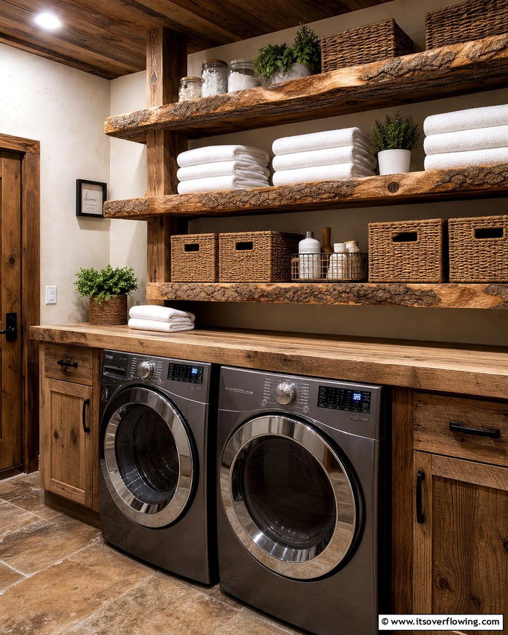 Rustic Wooden Shelving - 25 Farmhouse Laundry Room Ideas for Function and Style