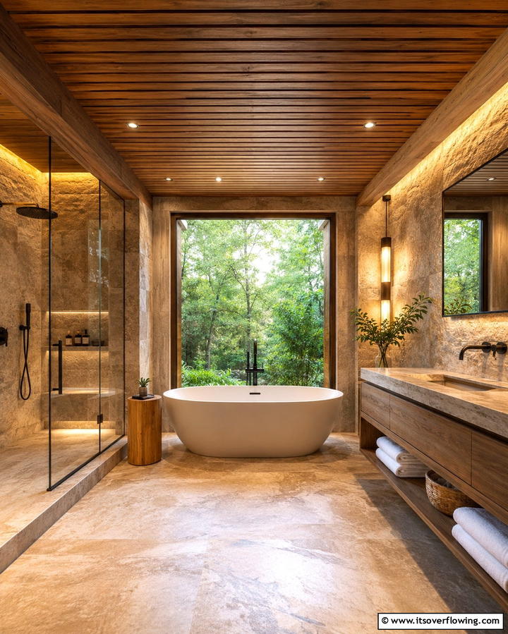 Rustic Wooden Slats - 30 Inspiring Bathroom Ceiling Ideas for Modern Homes