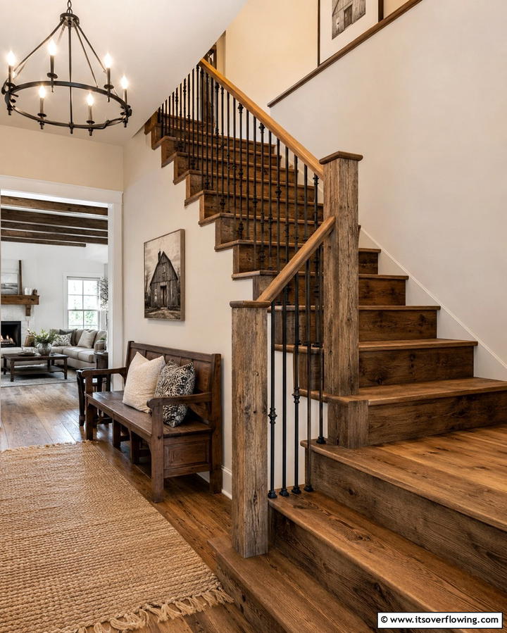 Rustic Wooden Stairs with Iron Railings - 30 Open Staircase Ideas to Elevate Your Home Organization