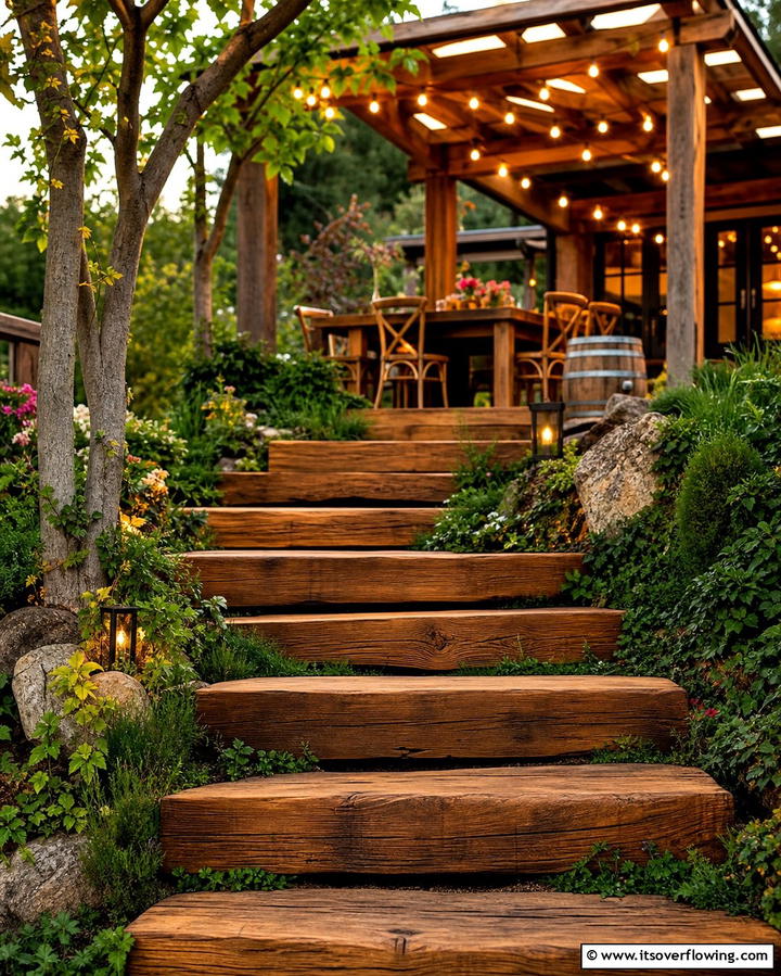 Rustic Wooden Steps - 25 Patio Steps Ideas to Enhance Your Outdoor Space