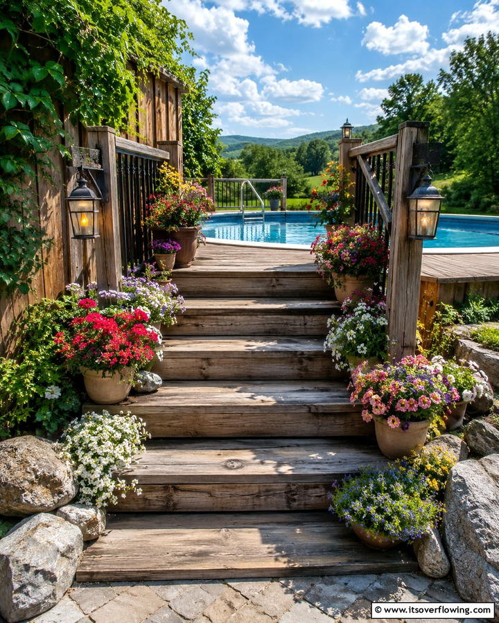 Rustic Wooden Steps - 25 Above Ground Pool Landscaping Ideas for a Stunning Yard