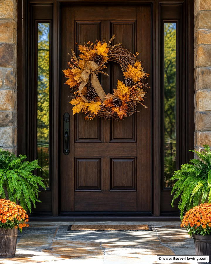 Rustic Wreath with Dried Leaves - 25 Front Door Fall Decor Ideas for a Welcoming Entrance