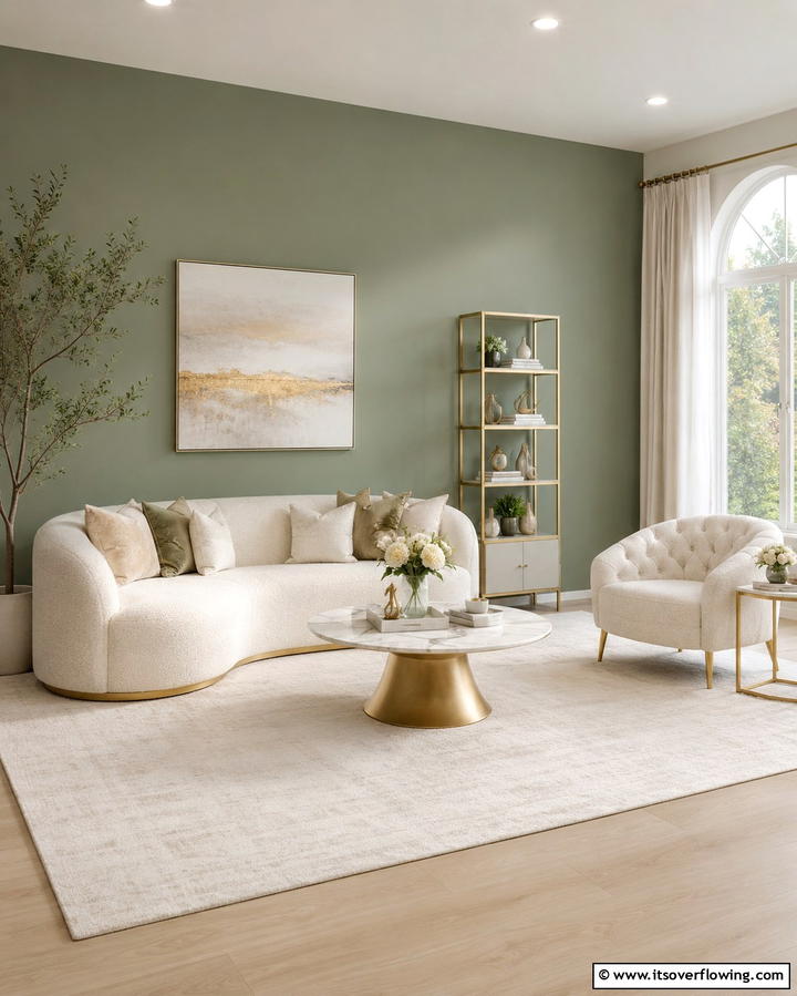 Sage Green Accent Wall with Cream Furnishings - 25 Sage Green and Cream Living Room Ideas for Serenity