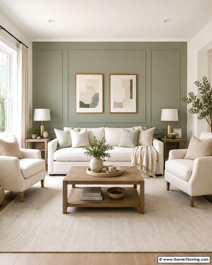Sage Green Accent Wall with Cream Furniture - 25 Sage Green and Cream Living Room Ideas for Serenity